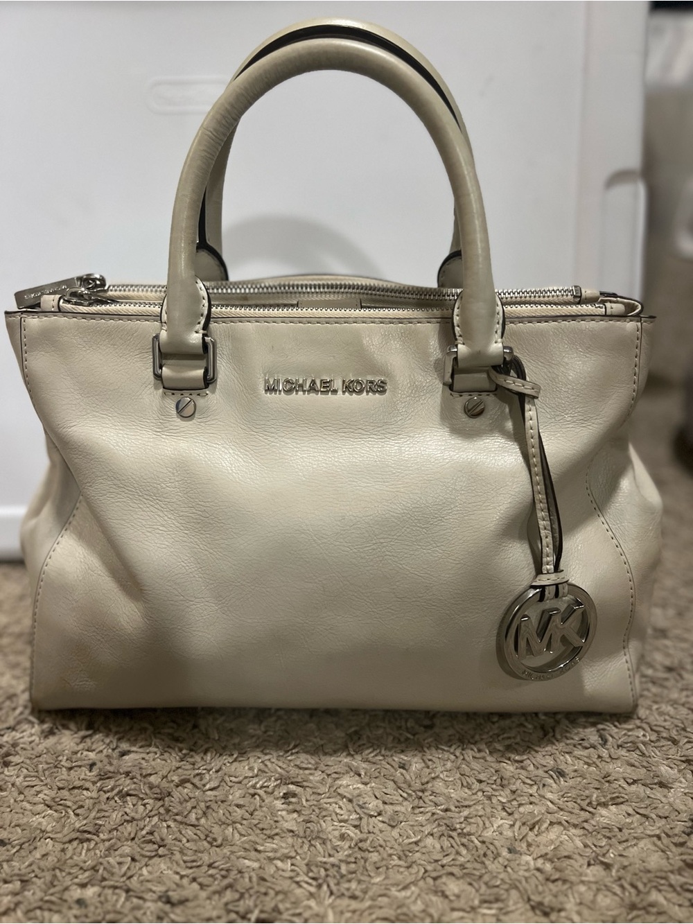 Michael Kors Ivory Leather Satchel with MK Charm